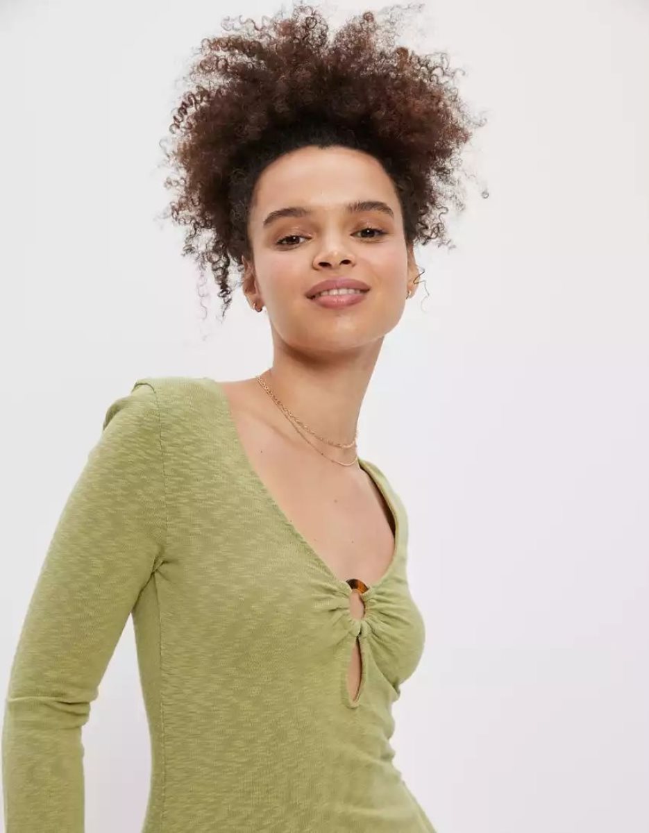 Robe Mi-longue American Eagle AE Knit Bell Sleeve Vert Femme | FFI-00802543